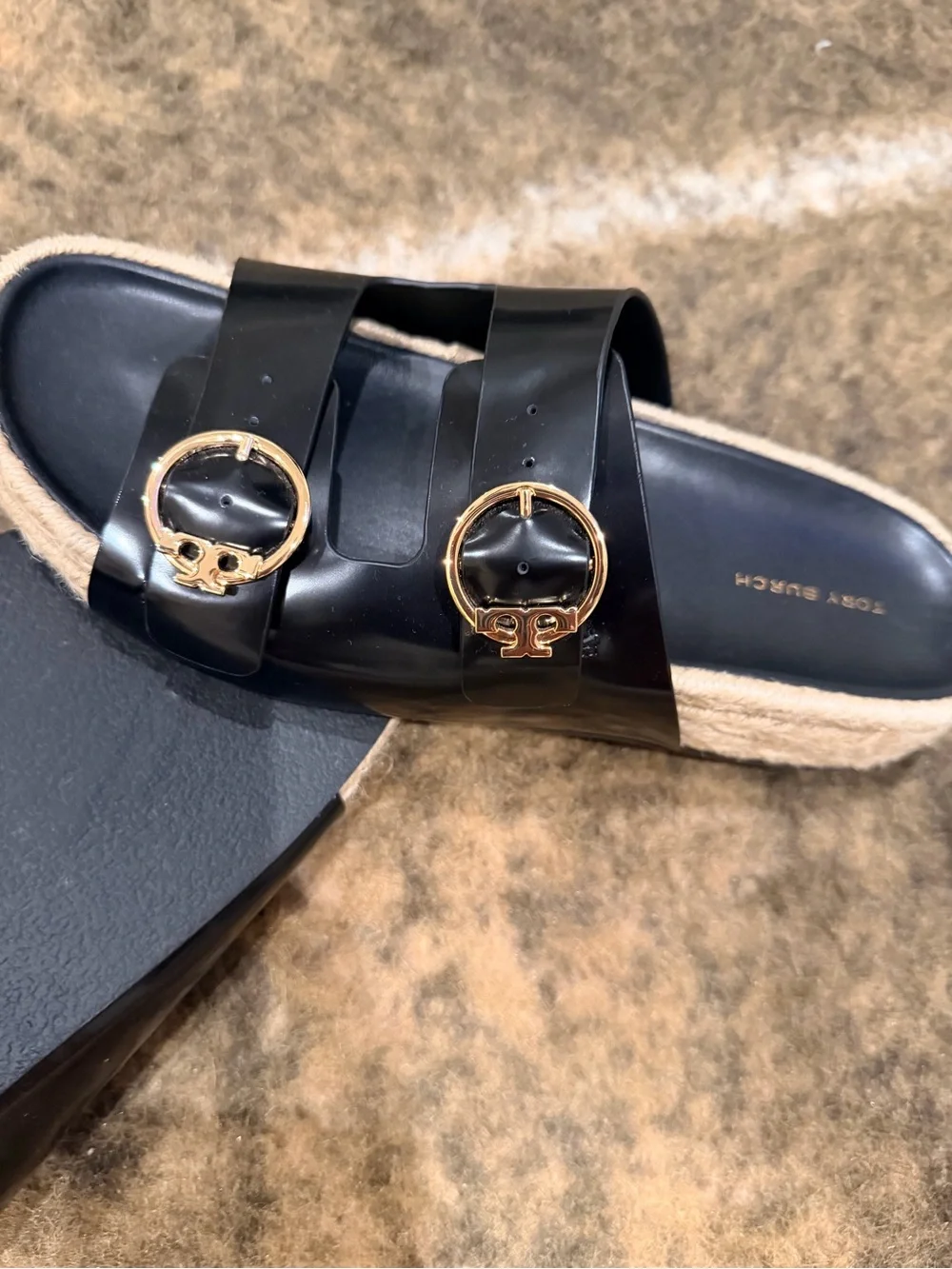 Tory Burch Black Slide Sandals with Gold Logo Buckles